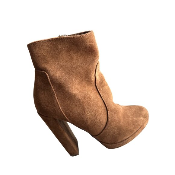 Forever 21 Boots Cognac Brown Suede Side Zippers & Chunky Heel Design Size 7.5 - Picture 1 of 6